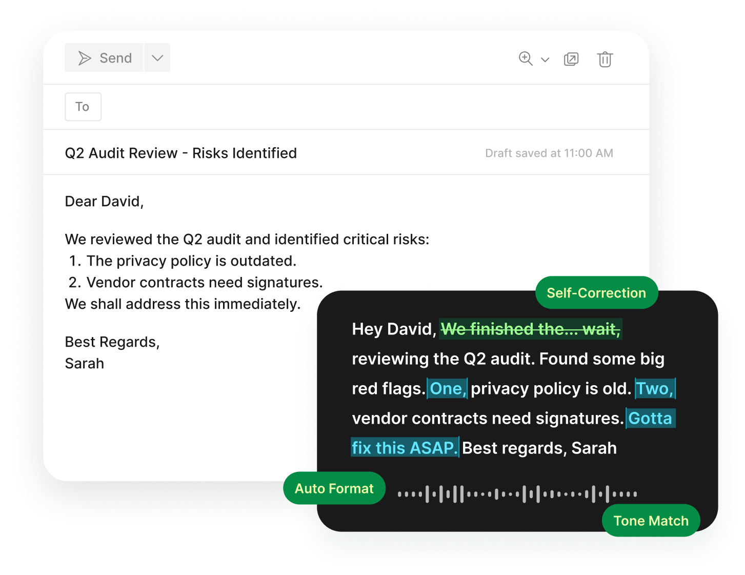 Draft memos and letters with Voiskey legal dictation