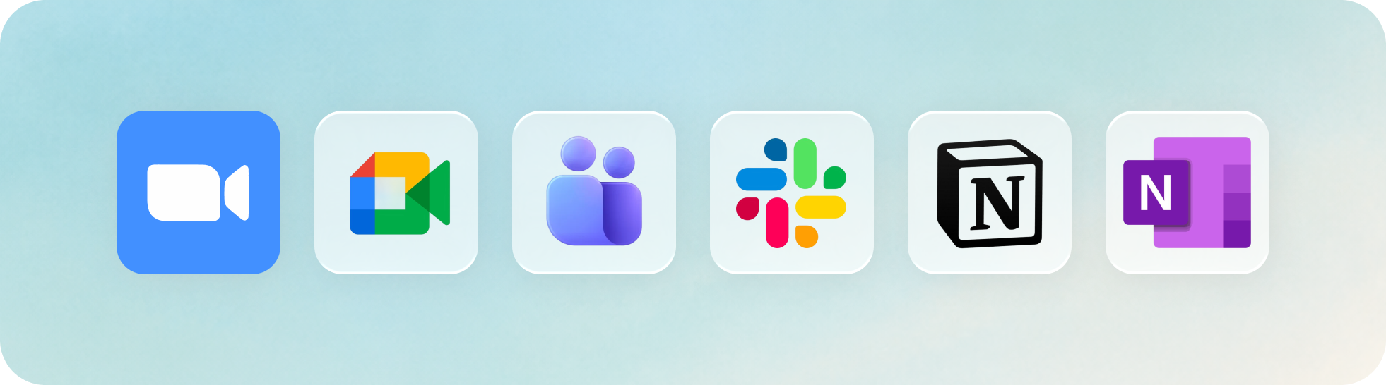 Supported meeting apps: Zoom, Google Meet, Microsoft Teams, Slack, Notion, and OneNote