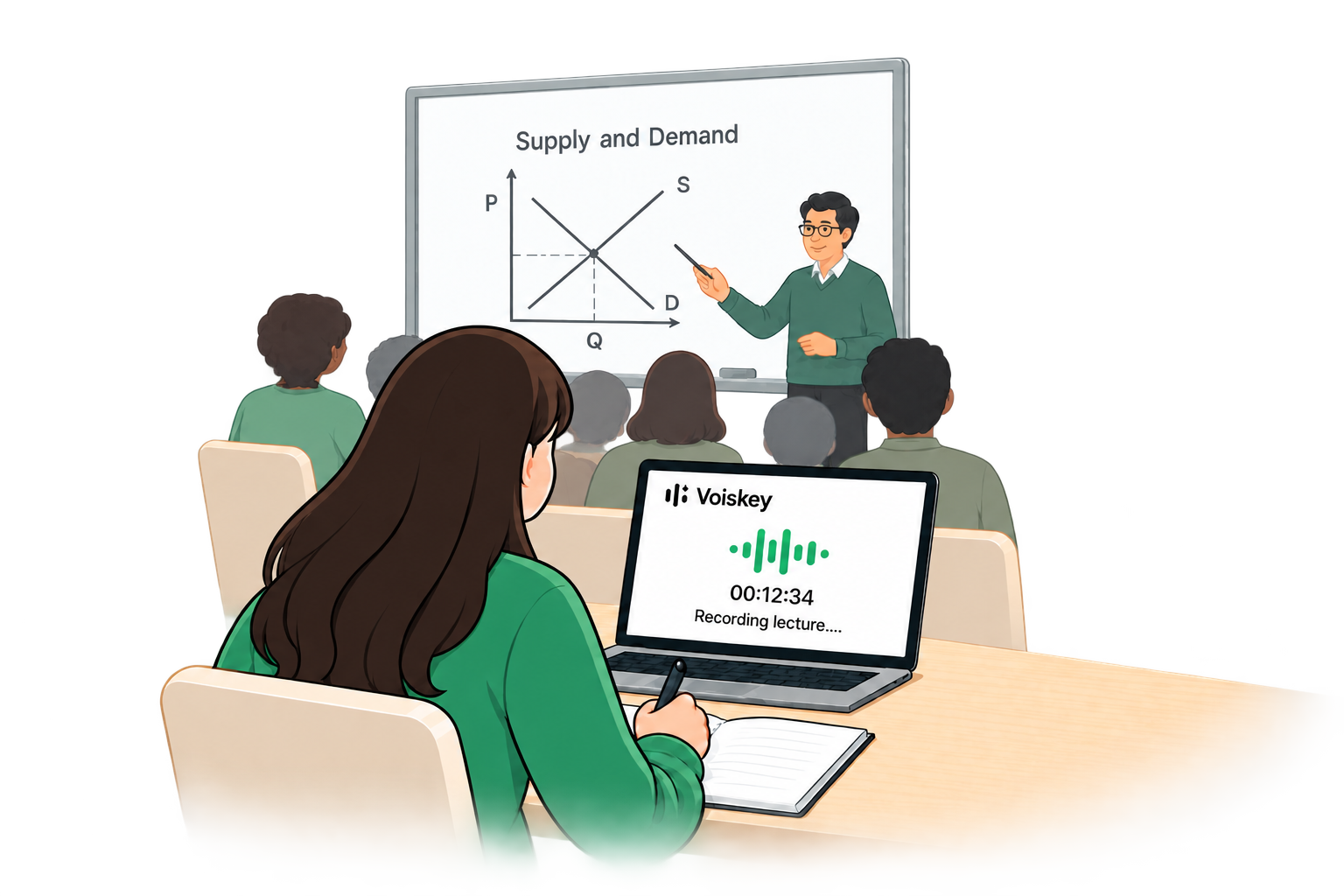 Una estudiante escucha una clase de economía mientras una computadora graba con Voiskey.