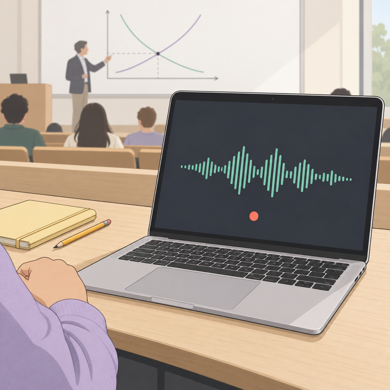 Computadora grabando una clase, con una onda de audio en pantalla y una estudiante escuchando.